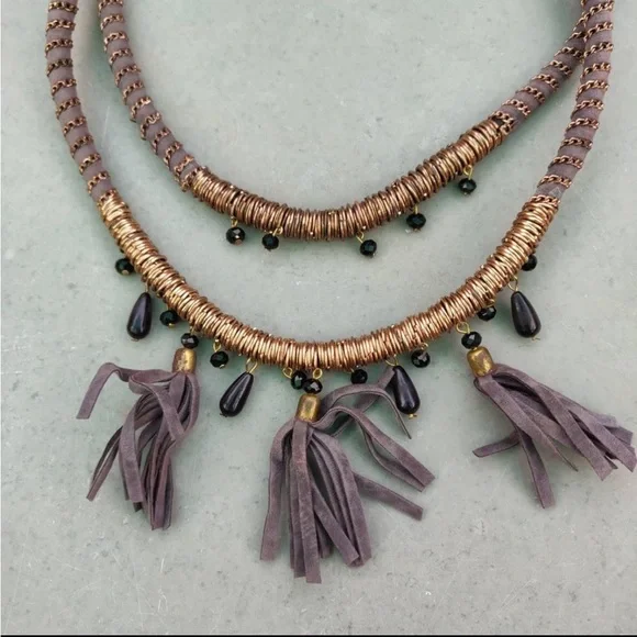 NWOT Grey Multilayer Necklace with Tassels - Picture 4 of 4